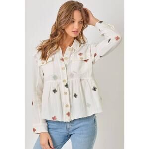 "Pepper" Gauze Embroidered Peplum Jacket in Washed White